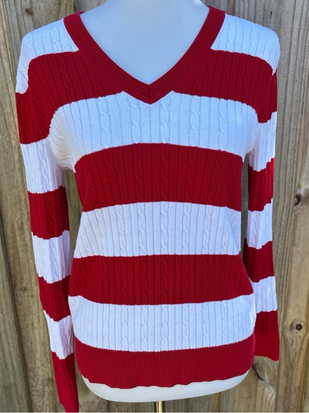 Tommy Hilfiger red and white striped V-neck sweater